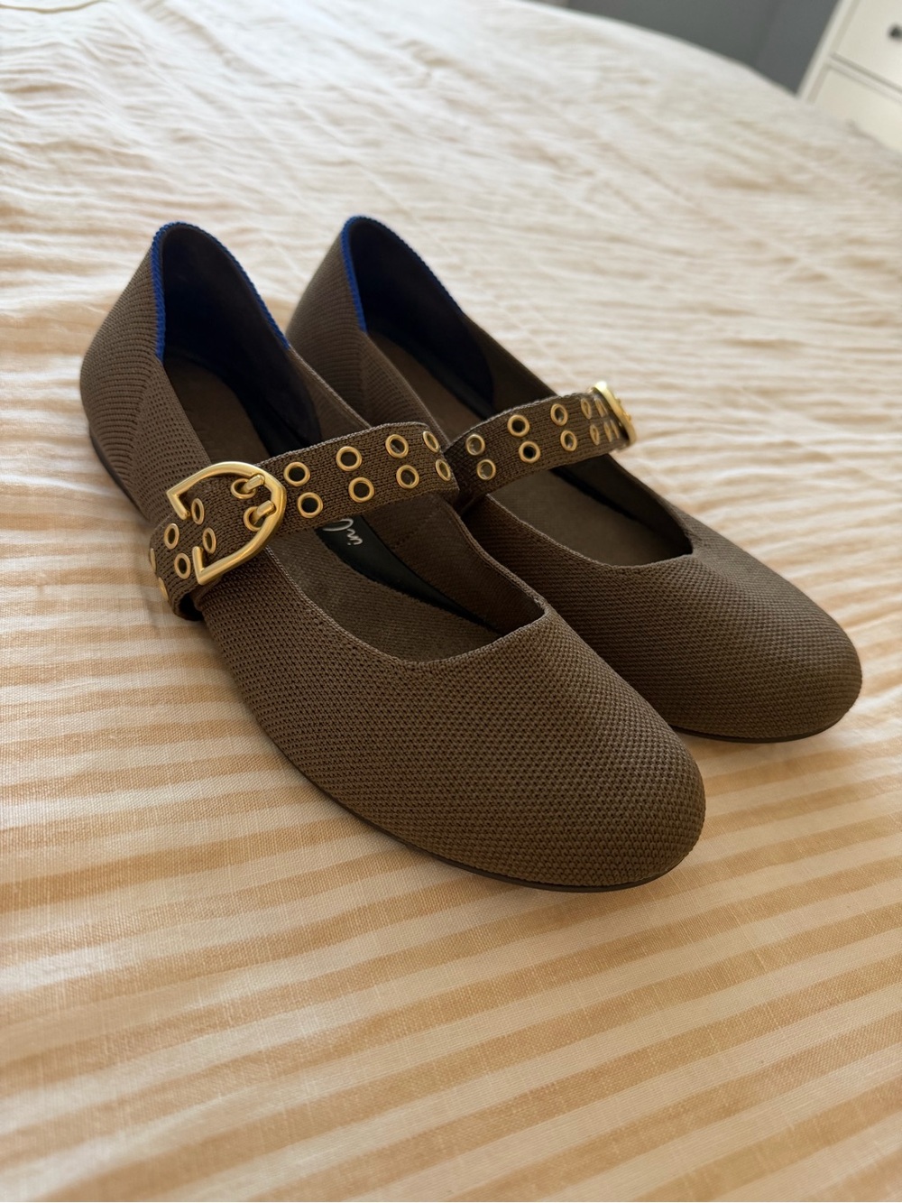 Rothy’s Women's Olive Green Mary Jane Flats with Gold Buckle Strap - Picture 2 of 4